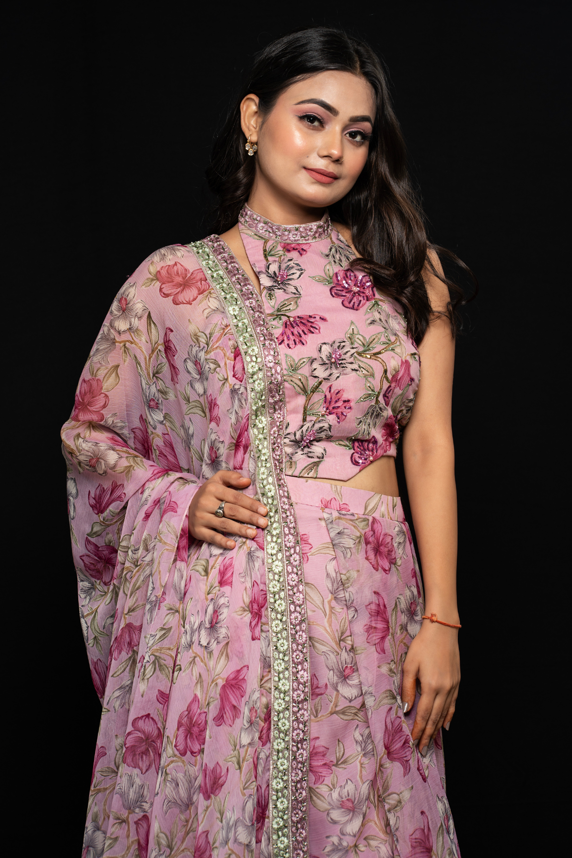 Dhoti skirt with halter top and draped dupatta