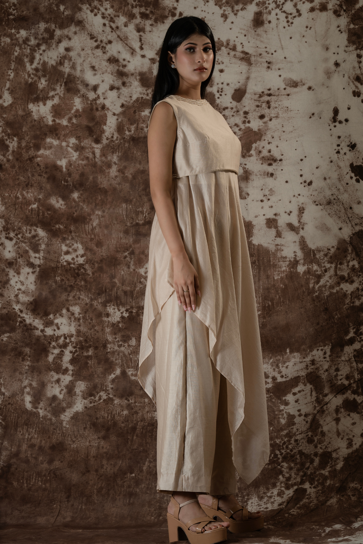 Bias cut tunic with short jacket and parallel pants