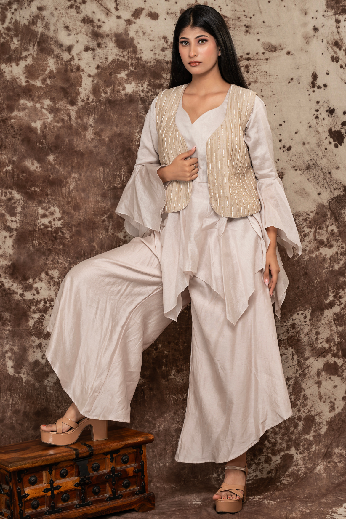 Peplum top with waterfall pants and embroidered jacket