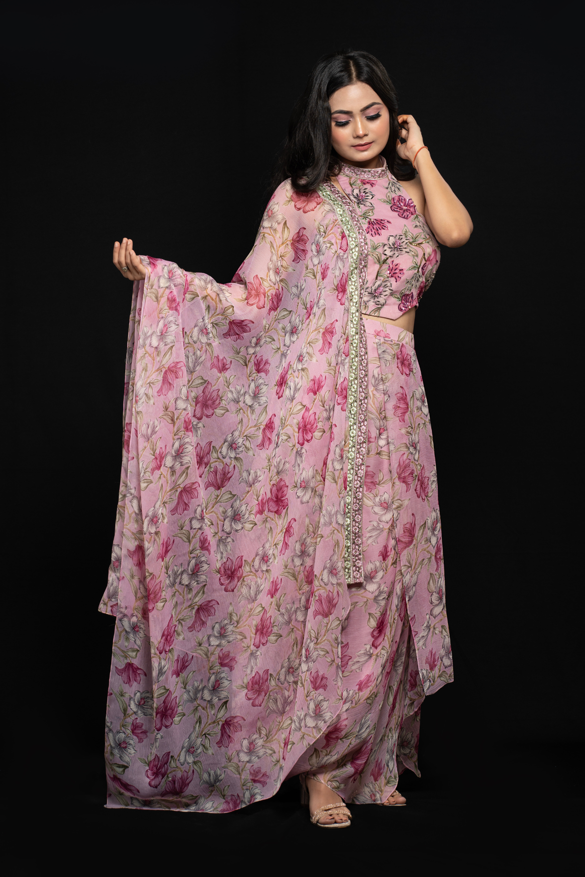 Dhoti skirt with halter top and draped dupatta
