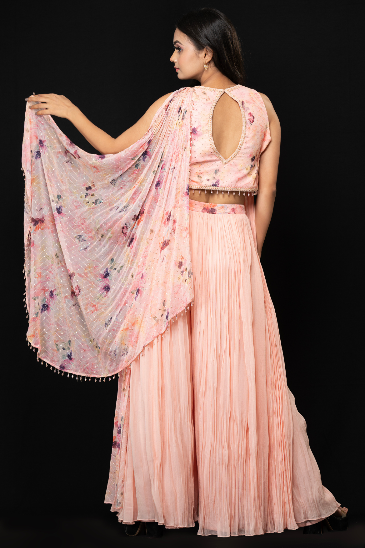 Indo-western ruched top with palazzo - print with colour block