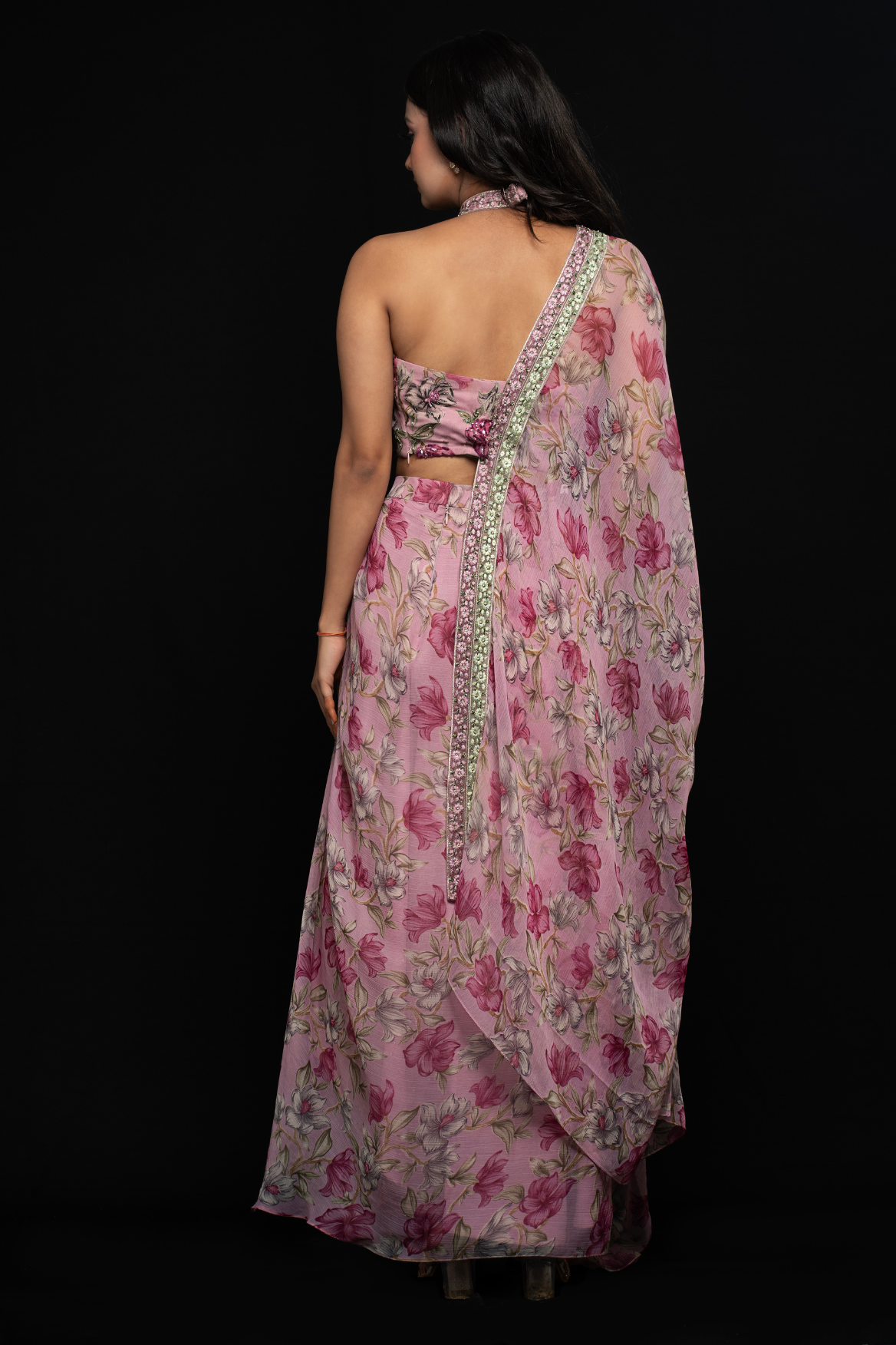 Dhoti skirt with halter top and draped dupatta