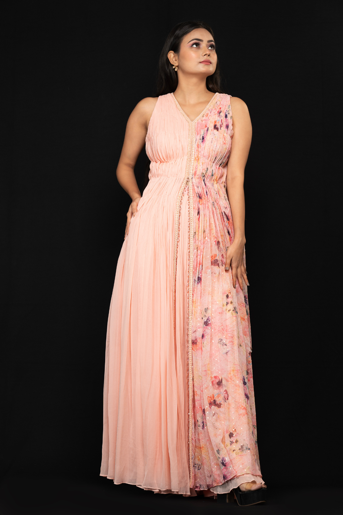 Indo-western ruched top with palazzo - print with colour block