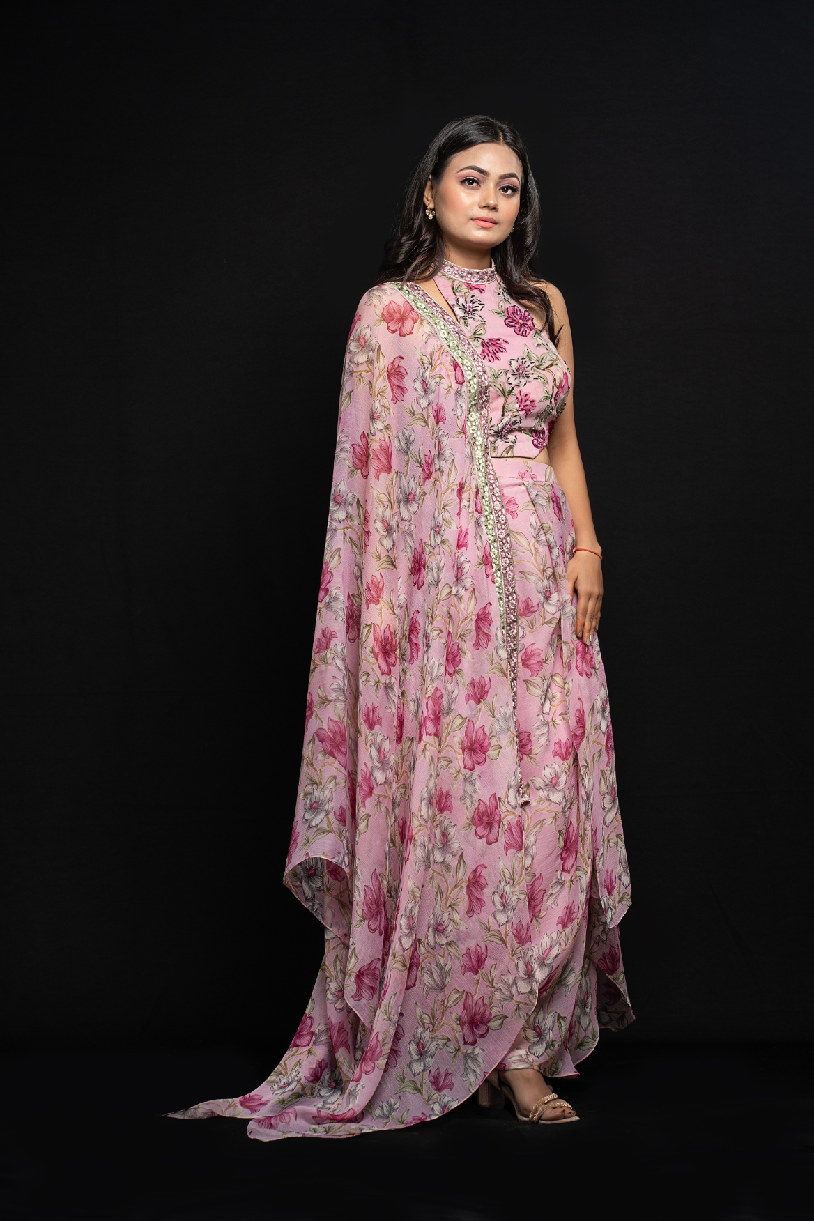 Dhoti skirt with halter top and draped dupatta
