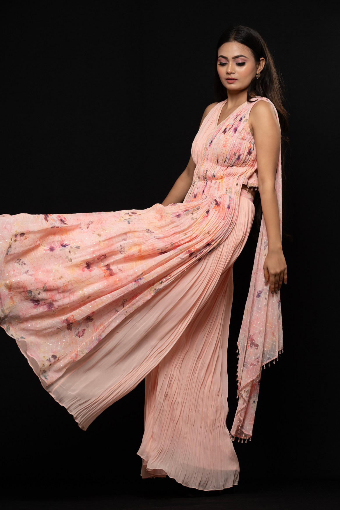 Indo-western ruched top with palazzo - print with colour block