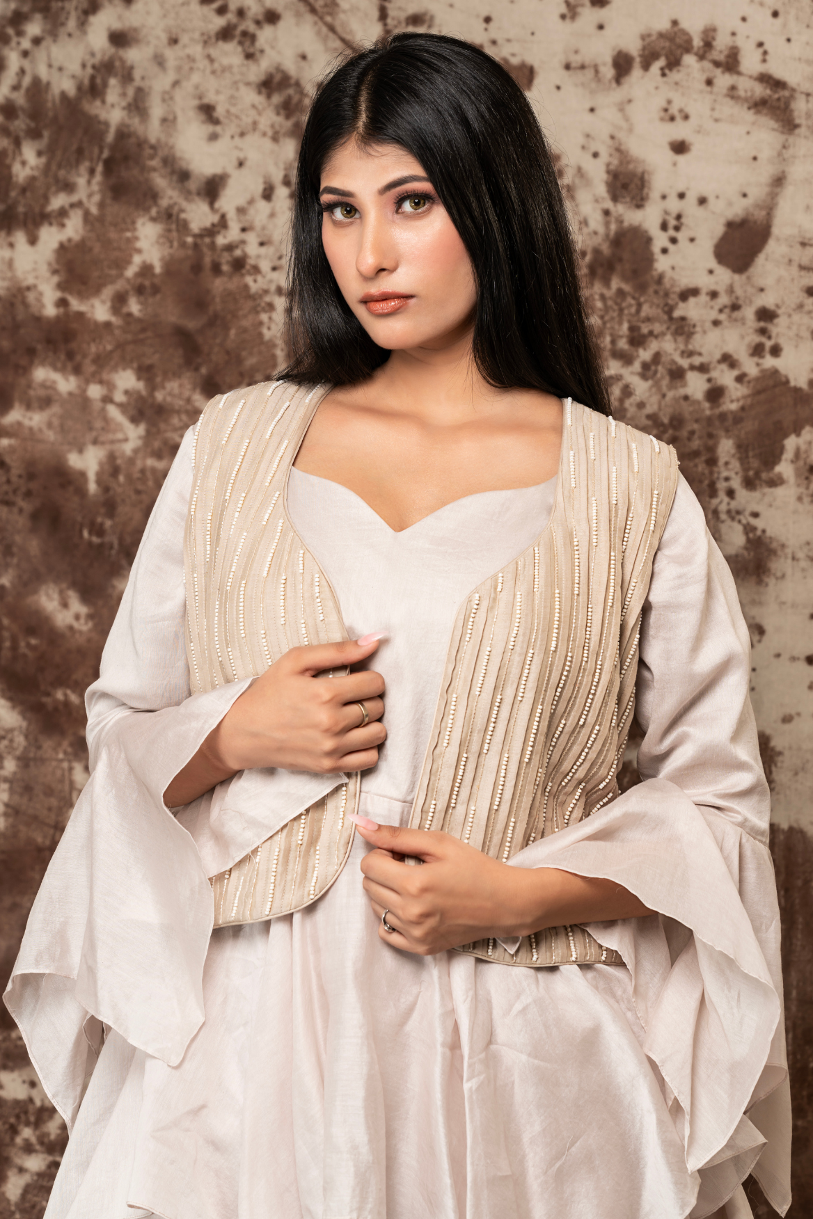 Peplum top with waterfall pants and embroidered jacket