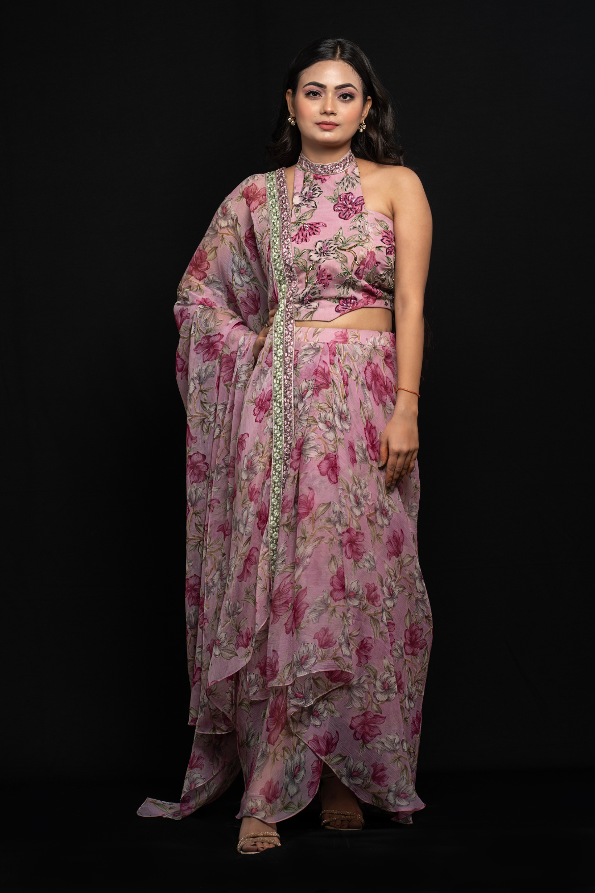 Dhoti skirt with halter top and draped dupatta