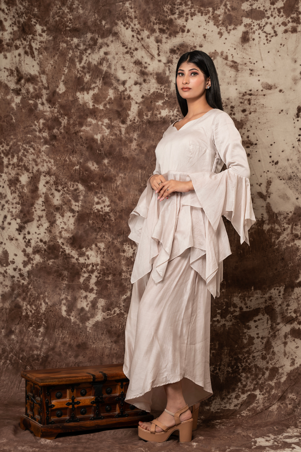 Peplum top with waterfall pants and embroidered jacket