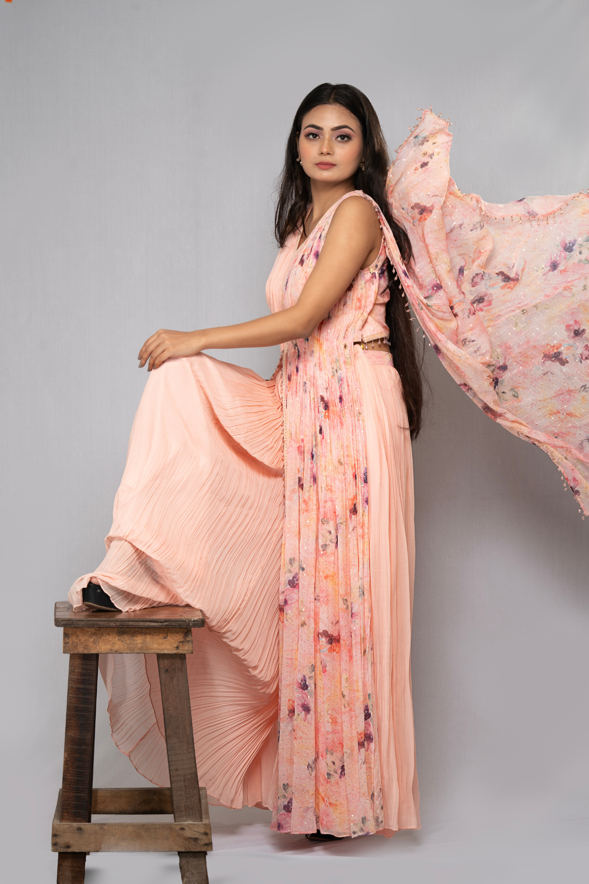 Indo-western ruched top with palazzo - print with colour block