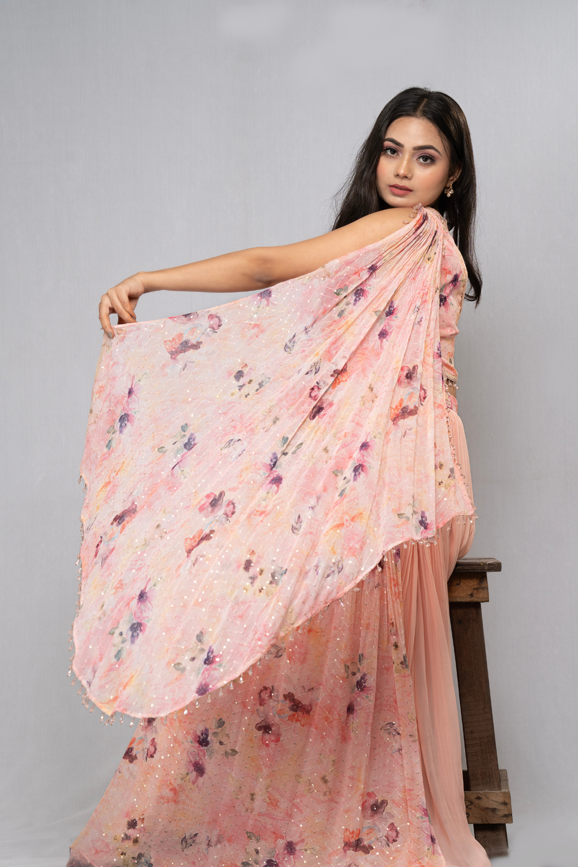 Indo-western ruched top with palazzo - print with colour block