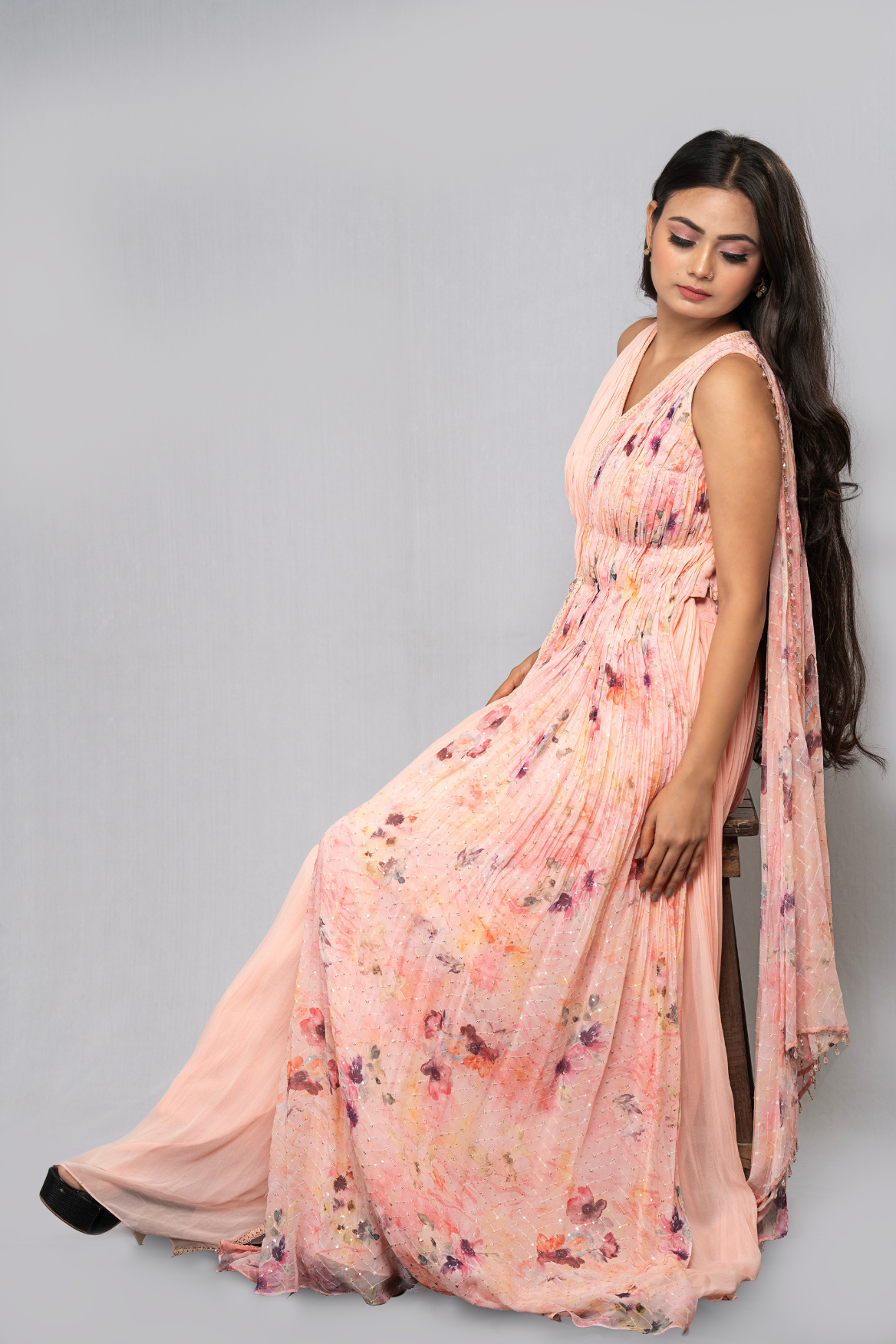 Indo-western ruched top with palazzo - print with colour block