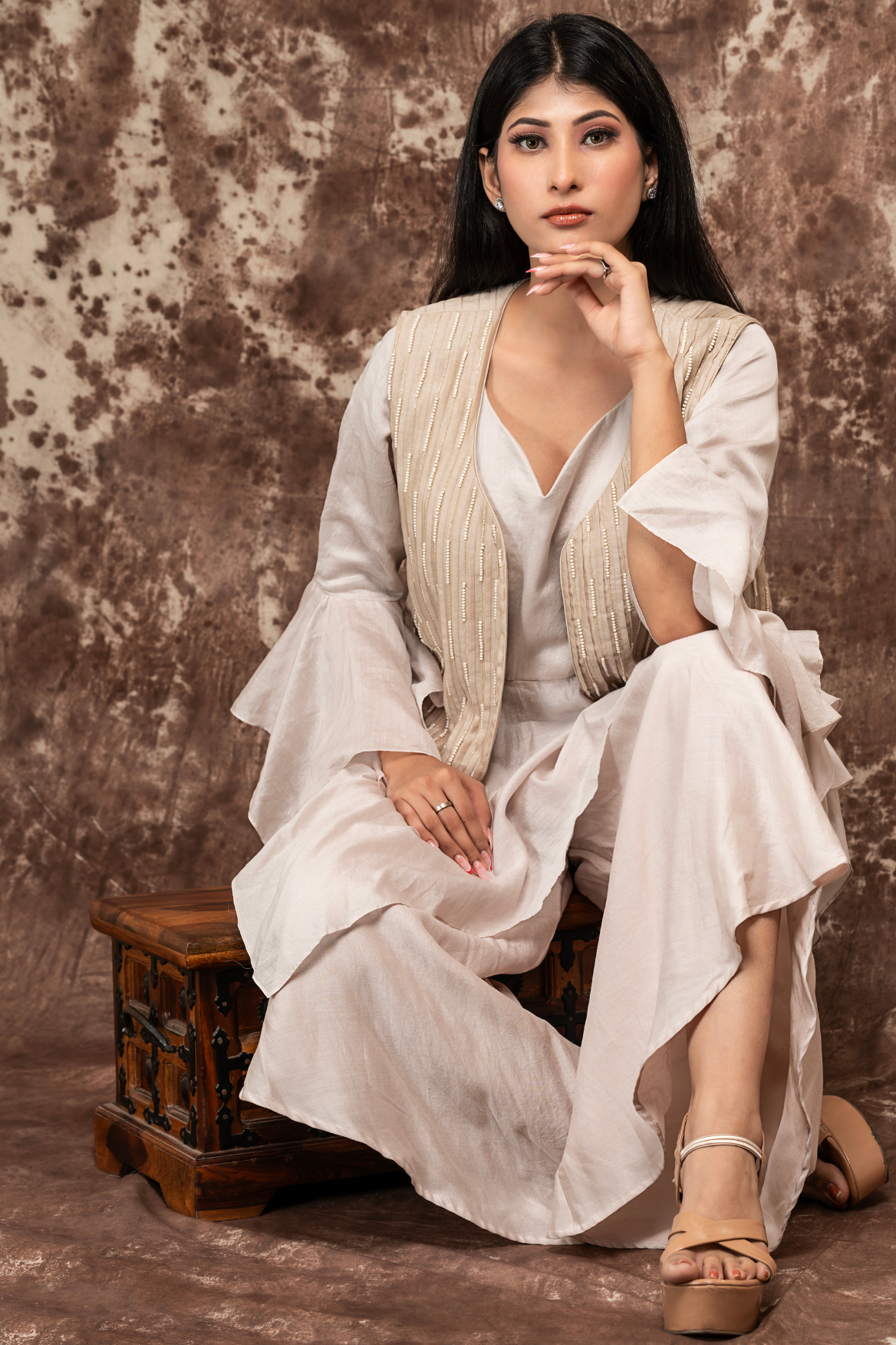 Peplum top with waterfall pants and embroidered jacket